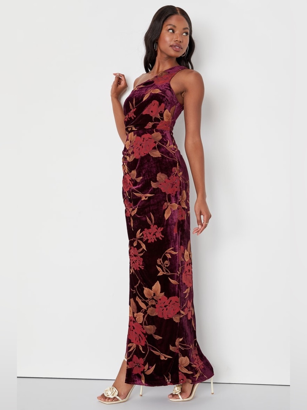 Lulus Unreal Awe Burgundy Floral Burnout Velvet One-Shoulder Dress - Picture 3 of 8